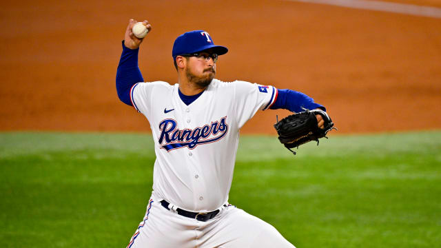 Apr 4, 2023; Arlington, Texas, USA; Texas Rangers starting pitcher Dane Dunning (33) pitches in relief against the Baltimore Orioles during the third inning at Globe Life Field. Mandatory Credit: Jerome Miron-USA TODAY Sports