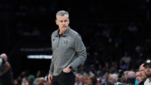 Mar 31, 2023; Charlotte, North Carolina, USA; Chicago Bulls head coach Billy Donovan on the floor in the first quarter against the Charlotte Hornets at Spectrum Center.