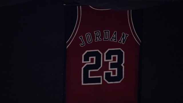 Apr 26, 2021; Miami, Florida, USA; The jersey of former Chicago Bulls player Michael Jordan hangs from the rafters of the Miami Heat  American Airlines Arena.