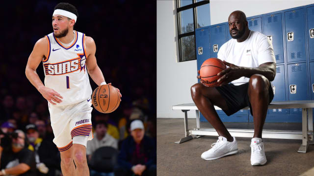 Phoenix Suns guard Devin Booker next to Shaquille O'Neal.
