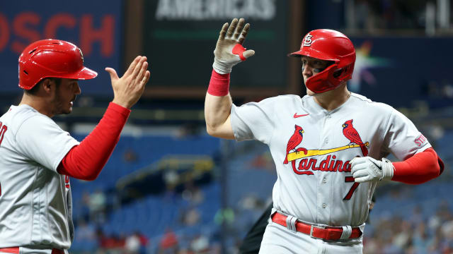 Aug 10, 2023; St. Petersburg, Florida, USA; St. Louis Cardinals catcher Andrew Knizner (7) is congratulated by designated hitter Nolan Arenado (28) after he hit a 2-run home run against the Tampa Bay Rays during the fourth inning at Tropicana Field.