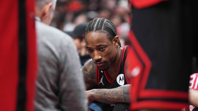 Nov 6, 2022; Toronto, Ontario, CAN; Chicago Bulls forward DeMar DeRozan (11) sits on the bench against the Toronto Raptors during the fourth quarter at Scotiabank Arena.