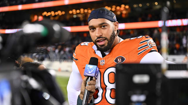 Chicago Bears defensive lineman Montez Sweat (98) is interviewed for television after a 16-13 win over the Carolina Panthers at Soldier Field.
