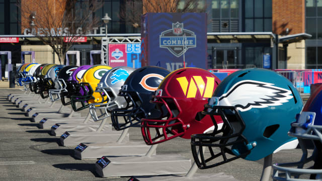 A general view of large Philadelphia Eagles, Washington Commanders and Chicago Bears helmets at the NFL Scouting Combine Experience at Lucas Oil Stadium. Mandatory Credit: Kirby Lee-USA TODAY Sports