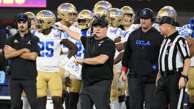 UCLA Bruins head coach Chip Kelly reacts during the first quarter against the Boise State Broncos in the Starco Brands LA Bowl at SoFi Stadium. Robert Hanashiro-USA TODAY Sports