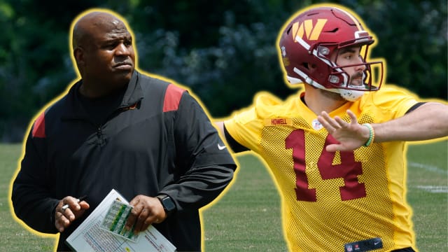 Washington Commanders assistant head coach and offensive coordinator Eric Bieniemy (left) and quarterback Sam Howell (right).