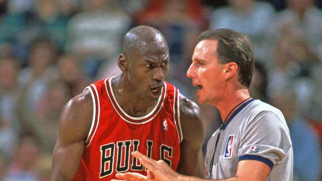 Chicago Bulls guard Michael Jordan reacts to a call with an official against the Orlando Magic