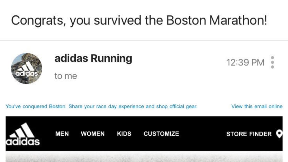 Schuine streep zoogdier kruipen Adidas apologizes for 'Congrats, you survived the Boston Marathon!' email -  Sports Illustrated