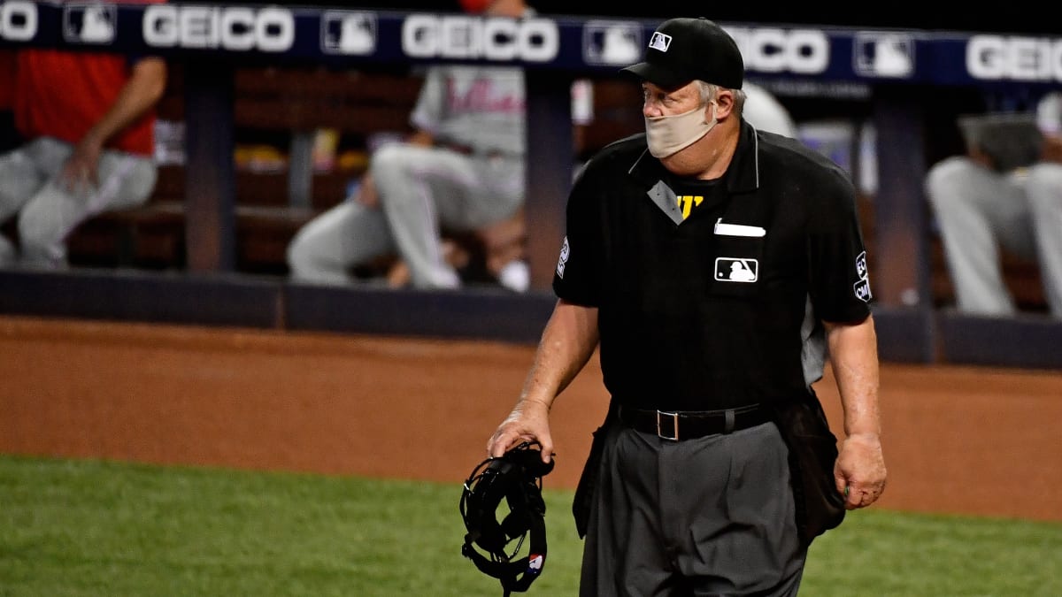 Major League Baseball umpire Joe West wears the initials JK on