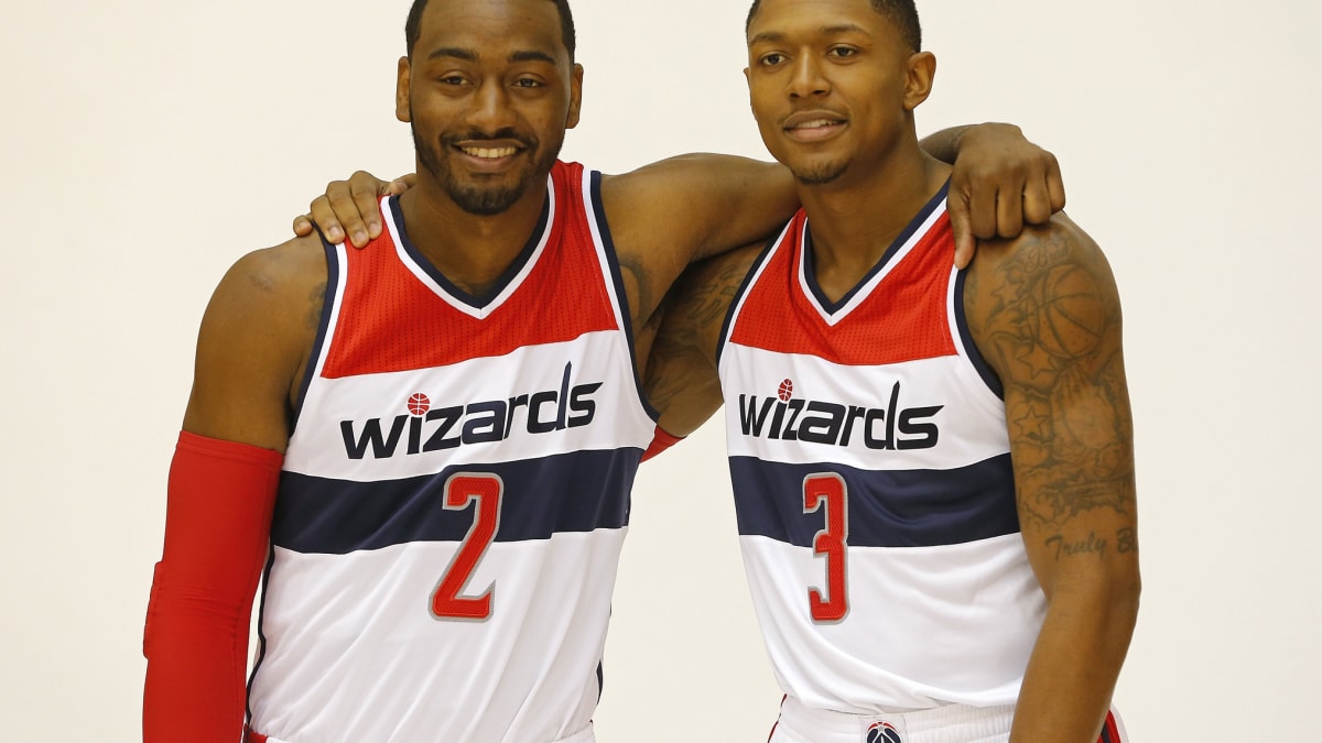 Washington Wizards' John Wall, left, and Bradley Beal poses for a