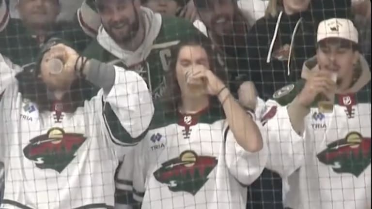 Watch: TJ Hockenson, Vikings tight ends slam beers during Wild's Game 3 victory over Stars
