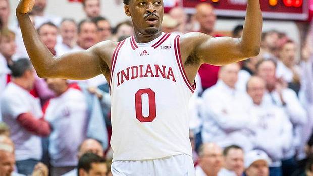 Indiana's Xavier Johnson (0) tries to get the crowd excited during the Indiana versus North Carolina men's basketball game at Simon Skjodt Assembly Hall on Wednesday, Nov. 30, 2022.