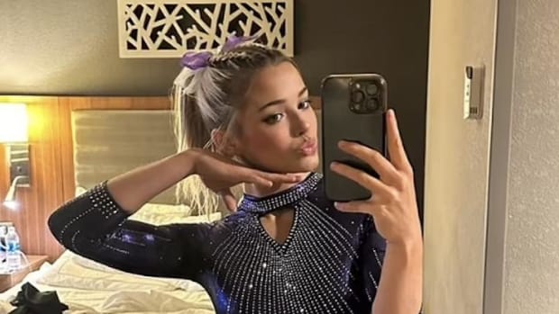 LSU gymnast Olivia Dunne takes a photo for Instagram in her hotel room prior to a meet against Missouri.