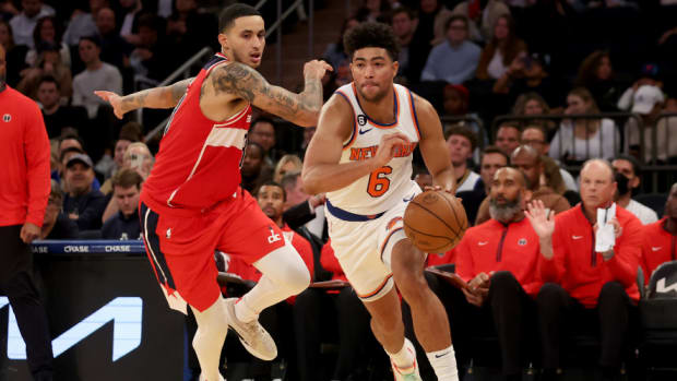 Quentin Grimes (6) leaped into the New York Knicks' starting lineup in the early stages of last season and hasn't looked back 