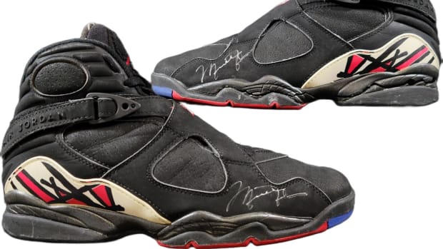 Side view of Michael Jordan's signed shoes.