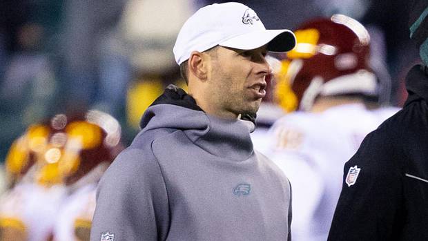 Philadelphia Eagles head coach Nick Sirianni (R) and defensive coordinator Jonathan Gannon (L) before action against the Washington Football Team at Lincoln Financial Field.