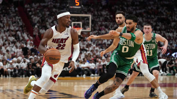 NBA Star Basketball Player Jimmy Butler and Miami Overpower Boston 118-107 in Game 1 Block Party