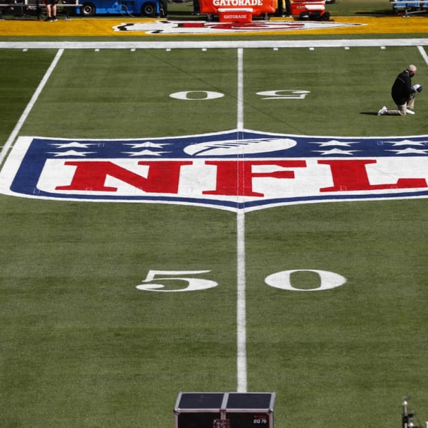 Feb 7, 2020; Tampa, FL, USA; General view of the NFL Shield logo on the field before Super Bowl LV between the Tampa Bay Buccaneers and the Kansas City Chiefs at Raymond James Stadium. Mandatory Credit: Kim Klement-USA TODAY Sports