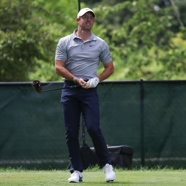 Jun 23, 2022; Cromwell, Connecticut, USA; Rory McIlroy watches his shot from the fourth tee during the first round of the Travelers Championship golf tournament. Mandatory Credit: Vincent Carchietta-USA TODAY Sports