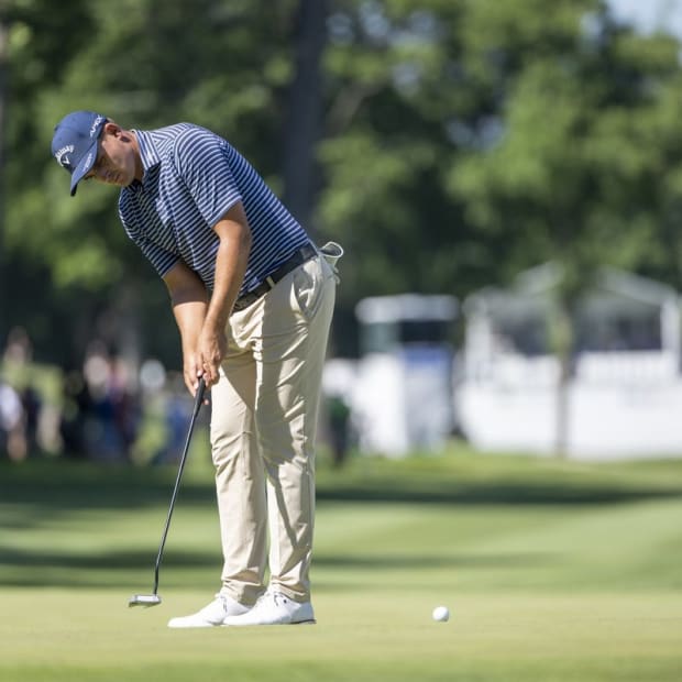 Jul 3, 2022; Silvis, Illinois, USA; Christiaan Bezuidenhout putts on the 18th green during the final round of the John Deere Classic golf tournament. Mandatory Credit: Marc Lebryk-USA TODAY Sports
