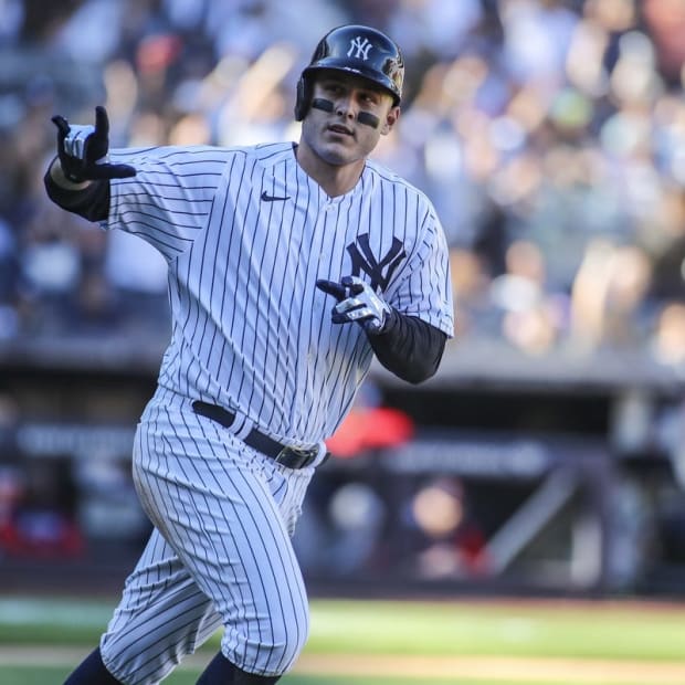 Sep 24, 2022; Bronx, New York, USA; New York Yankees first baseman Anthony Rizzo (48) gestures to the dugout after hitting a two run home run in the seventh inning against the Boston Red Sox at Yankee Stadium. Mandatory Credit: Wendell Cruz-USA TODAY Sports