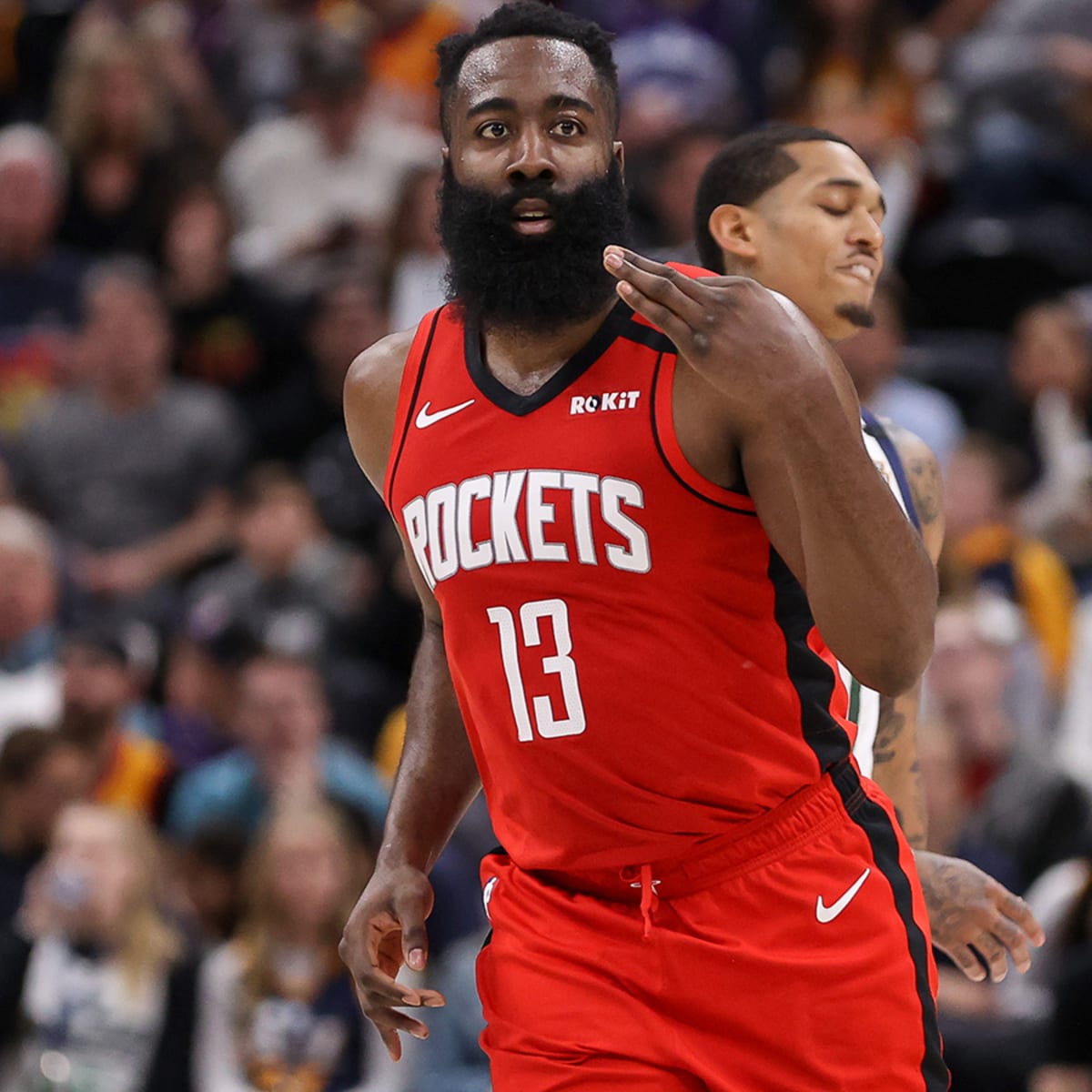 Harden playing for the Houston Rockets in the NBA.
