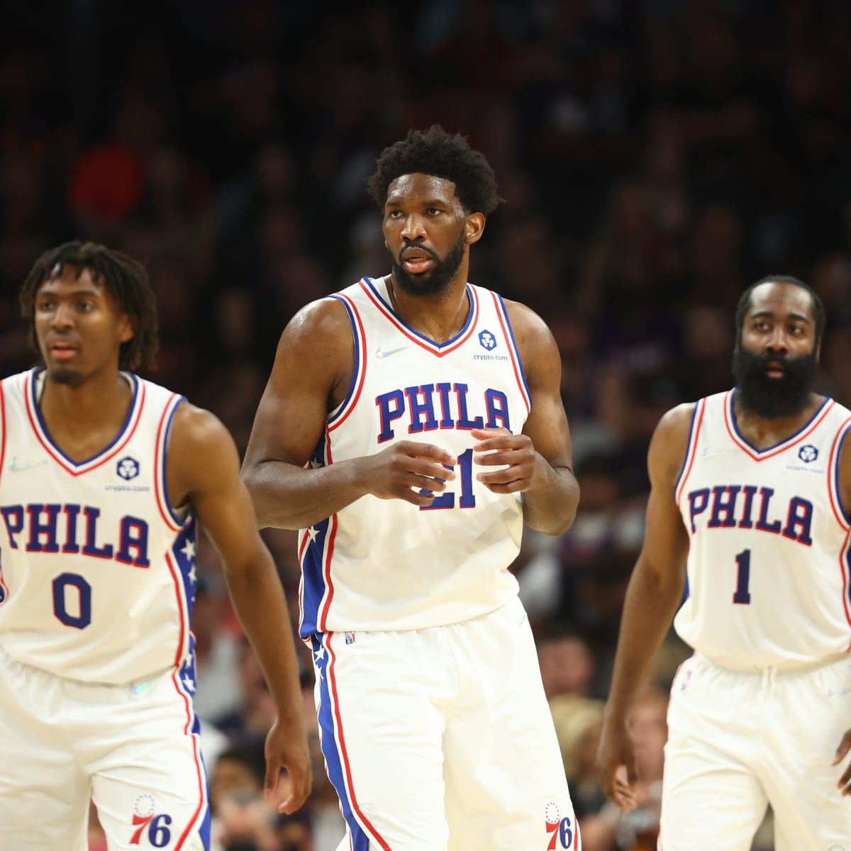 JOEL EMBIID & JAMES HARDEN & TYRESE MAXEY - 76ers Signed 8x10 RP Photo !!