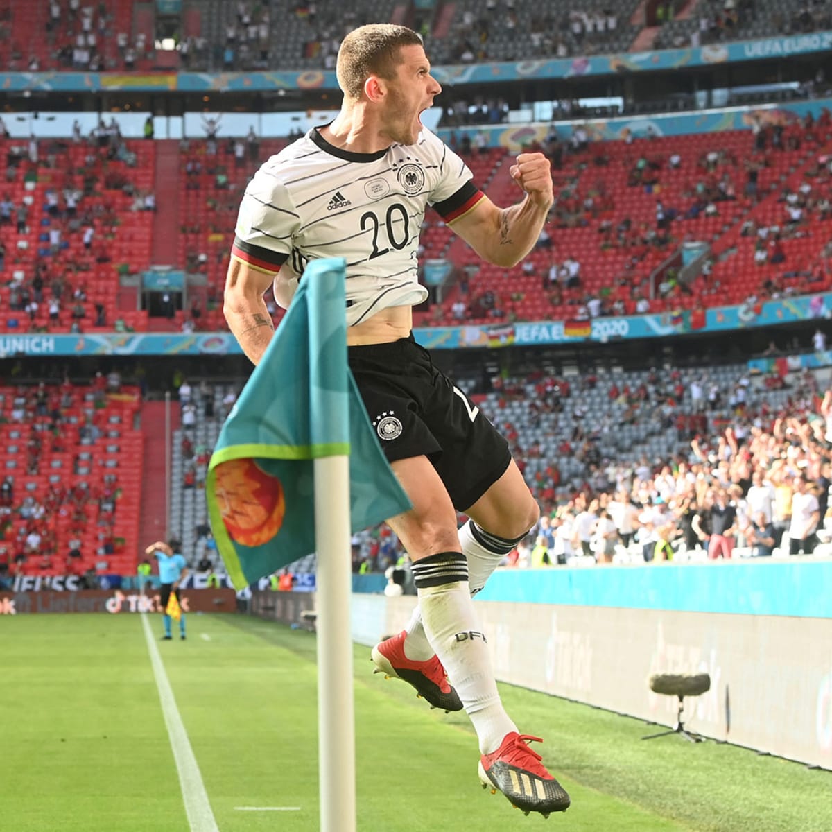 Germany's Mats Hummels, centre, heads on goal during the Euro 2020