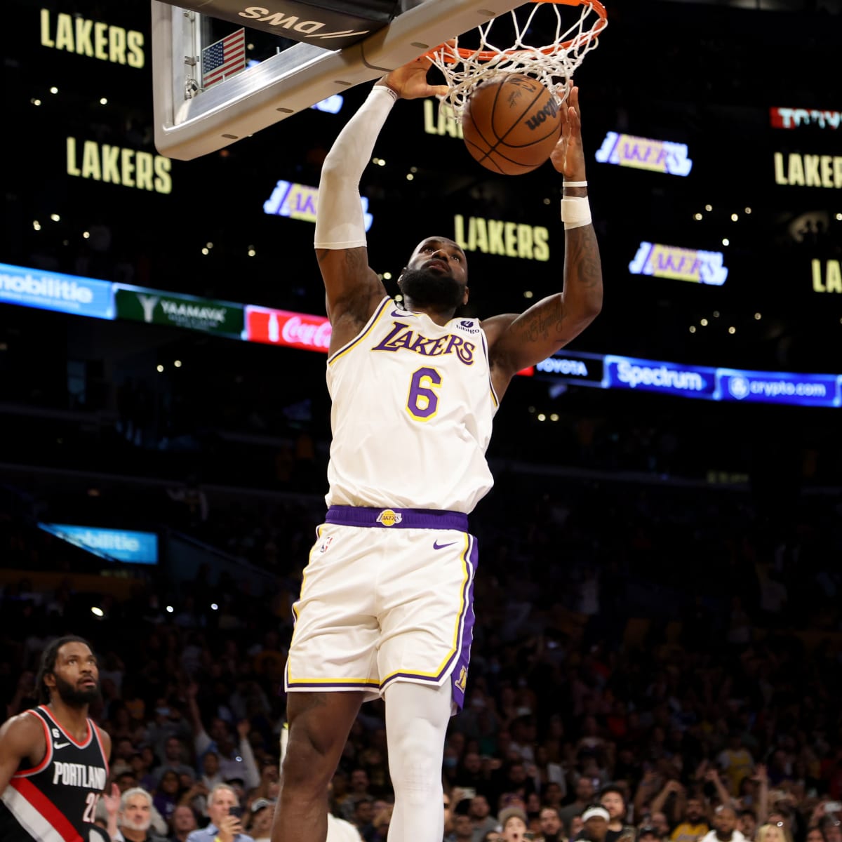 Los Angeles, United States. 23rd Oct, 2022. Los Angeles Lakers' forward  LeBron James (6) scores as he is fouled by Portland Trail Blazers' center  Just Nurkic (27) during the first half of