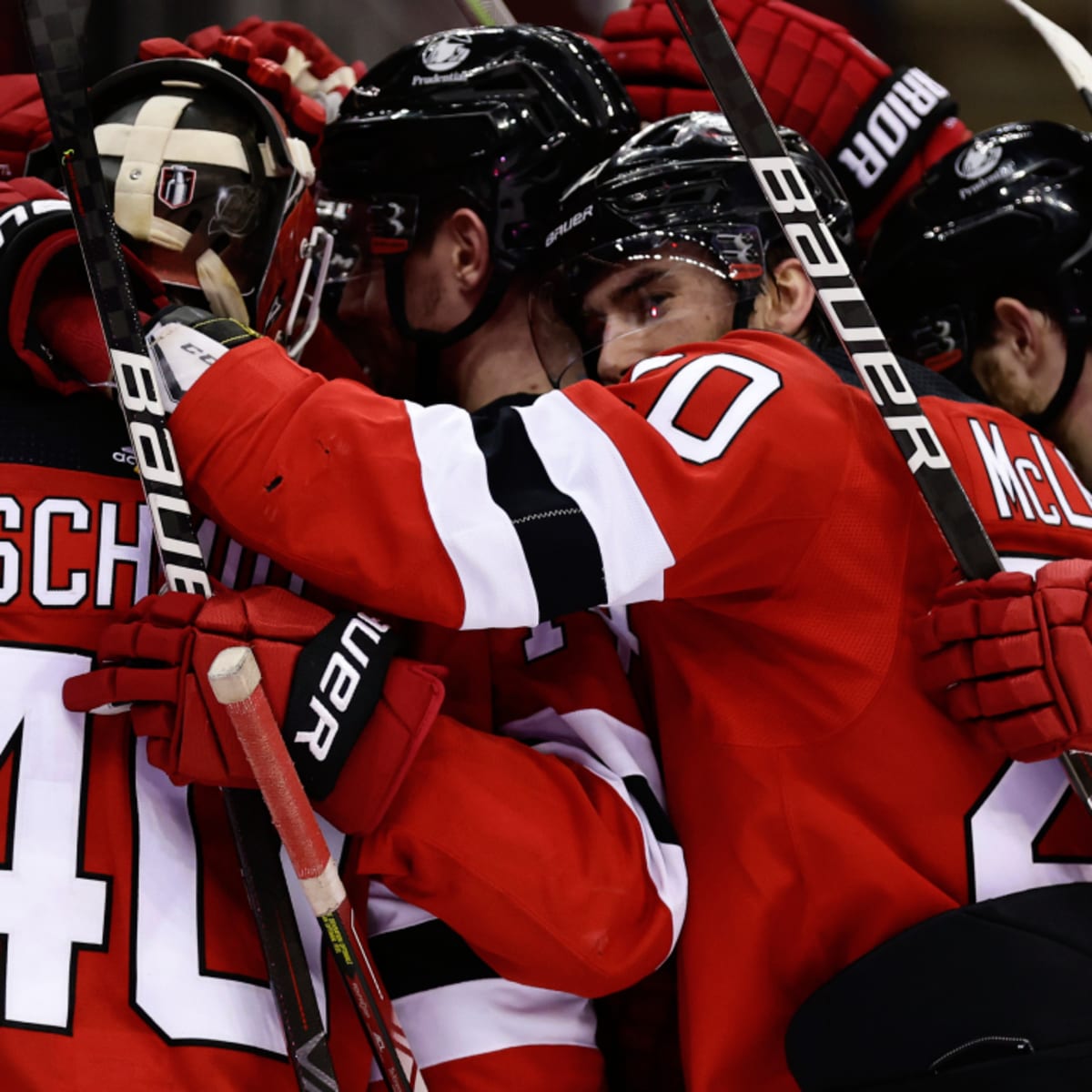 New Jersey Devils goaltender Akira Schmid (40) watches the puck against the  Carolina Hurricanes during the second period of Game 2 of an NHL hockey  Stanley Cup second-round playoff series in Raleigh