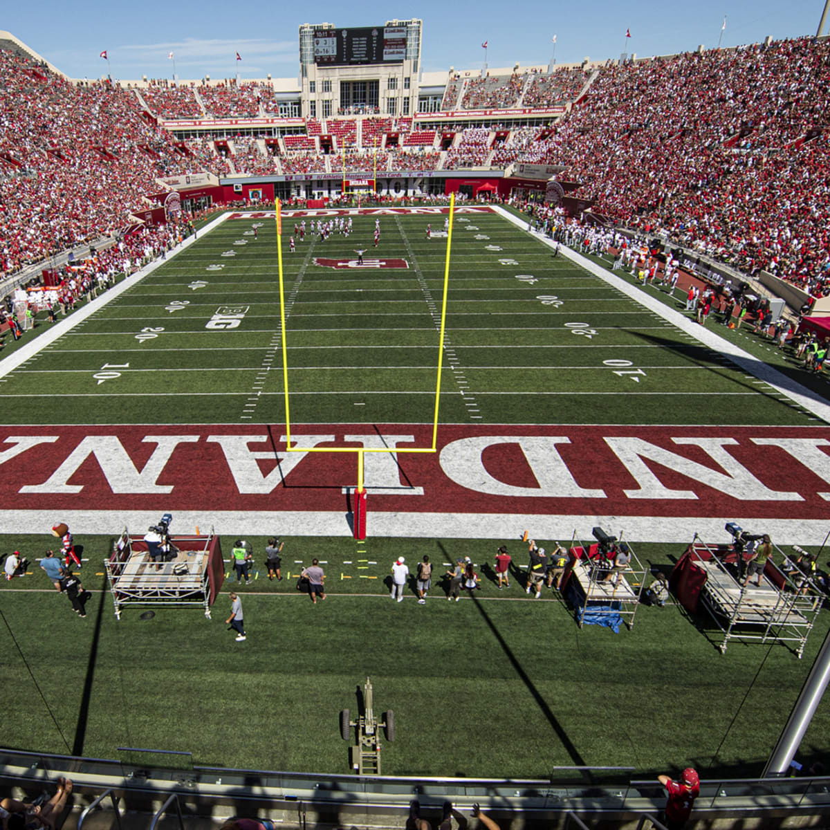 The Indiana Hoosiers and Big 10 Conference logos are seen on the Memorial  Stadium football field on the campus of Indiana University, Monday, Mar. 1,  2022, in Bloomington, Ind. (Photo by Image