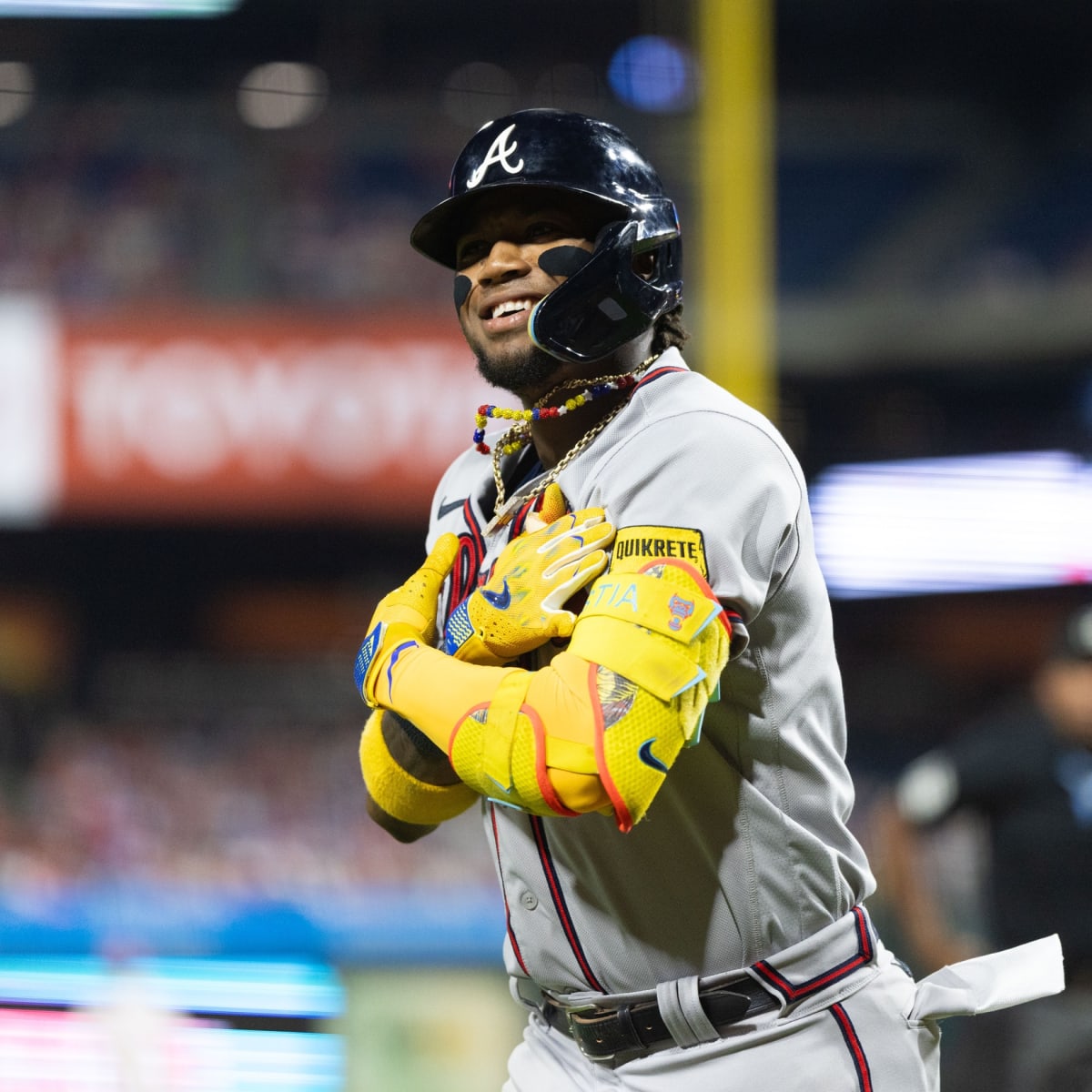 Atlanta Braves right fielder Ronald Acuna Jr. (13) sits in the dugout prior  to a MLB regular season game between the Chicago White Sox and Atlanta Bra  Stock Photo - Alamy