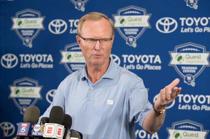 Jul 26, 2018; East Rutherford, NJ, USA; New York Giants co-owner John Mara talks with media during training camp at Quest Diagnostics Training Center.