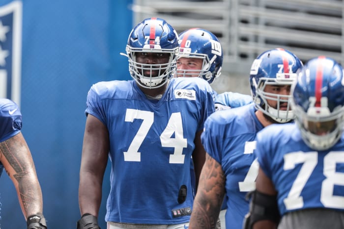 Sep 3, 2020; East Rutherford, New Jersey, USA; New York Giants offensive tackle Matt Peart (74) during the Blue-White Scrimmage at MetLife Stadium.