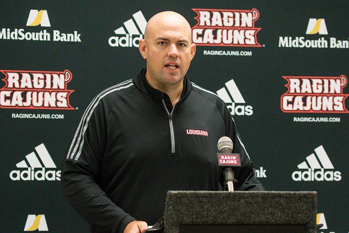 UL offensive coordinator Rob Sale speaks to members of the media at the Ragin' Cajuns Football Media Day Thursday, Aug. 2, 2018.