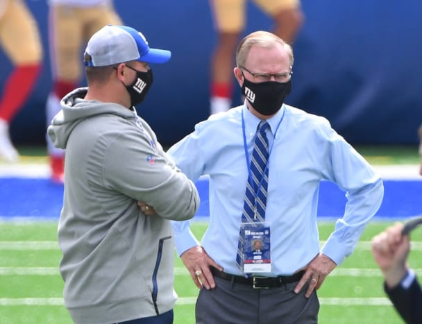 Sep 27, 2020; East Rutherford, New Jersey, USA; New York Giants head coach Joe Judge (left) with co-owner John Mara before a NFL football game against the San Francisco 49ers at MetLife Stadium.