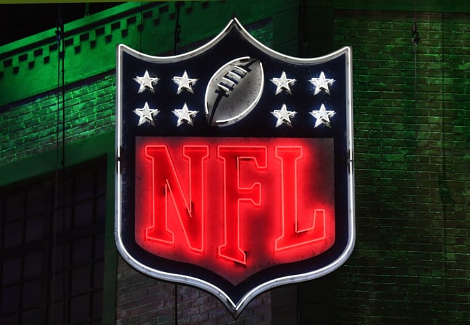 Apr 25, 2019; Nashville, TN, USA; Detailed view of neon NFL shield logo during the first round of the 2019 NFL Draft in downtown Nashville.