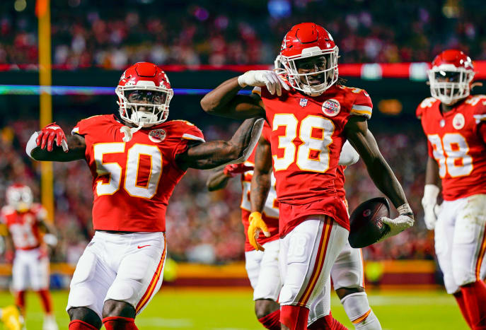 Nov 7, 2021; Kansas City, Missouri, USA; Kansas City Chiefs cornerback L'Jarius Sneed (38) celebrates with teammates after intercepting a pass against the Green Bay Packers during the second half at GEHA Field at Arrowhead Stadium. Mandatory Credit: Jay Biggerstaff-USA TODAY Sports