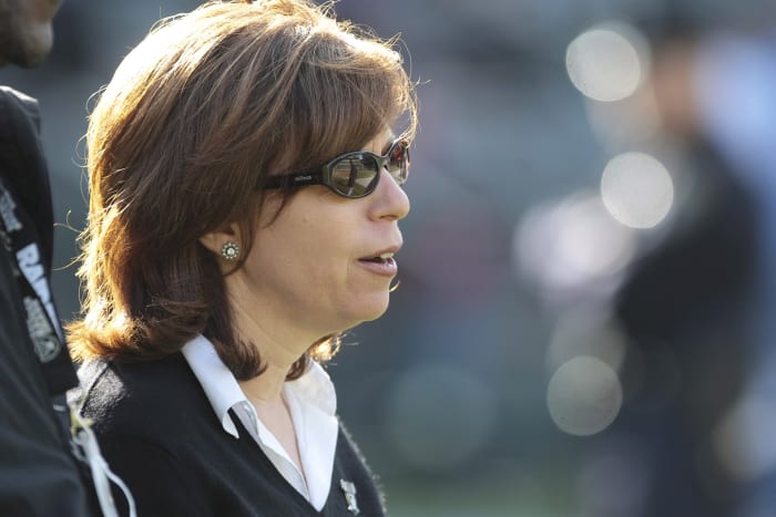 Aug 11, 2011; Oakland, CA, USA; Oakland Raiders chief executive officer Amy Trask watches practice before the game against the Arizona Cardinals at the O.co Coliseum.