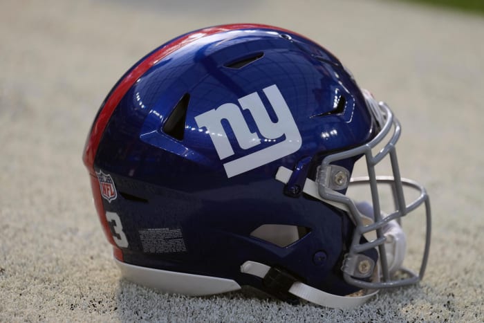 Dec 12, 2021; Inglewood, California, USA; A detailed view of a New York Giants helmet at SoFi Stadium.
