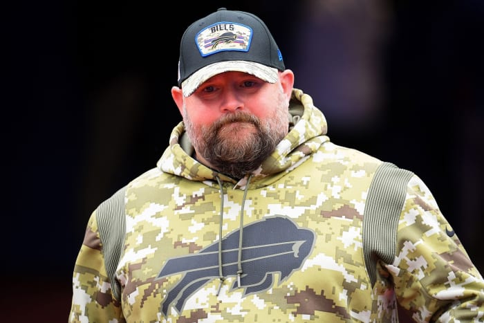 Nov 21, 2021; Orchard Park, New York, USA; Buffalo Bills offensive coordinator Brian Daboll walks to the field prior to the game against the Indianapolis Colts at Highmark Stadium.