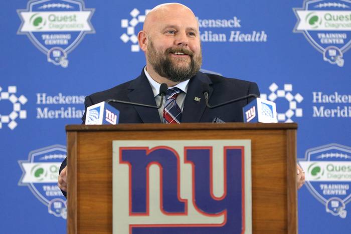 Brian Daboll speaks to members of the media, in East Rutherford, NJ, after being introduced as the new head coach of the NY Giants.