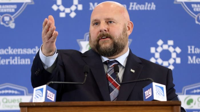 Brian Daboll speaks to members of the media, in East Rutherford, NJ, after being introduced as the new head coach of the NY Giants.