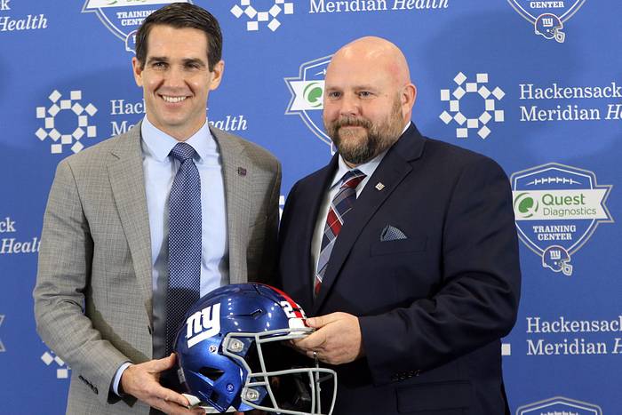 Giants General Manager Joe Schoen and Giants new head coach, Brian Daboll pose for a photograph, in East Rutherford, NJ. Monday, January 31, 2022