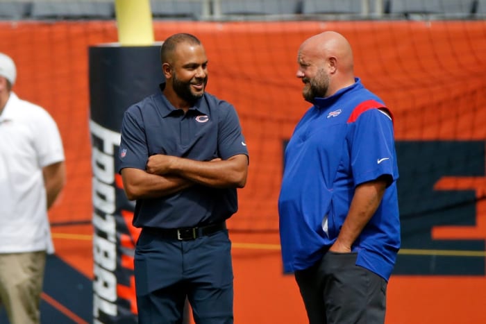 Aug 21, 2021; Chicago, Illinois, USA; Chicago Bears defensive coordinator Sean Desai and Buffalo Bills offensive coordinator Brian Daboll talk during warmups before the game against the Chicago Bears at Soldier Field.