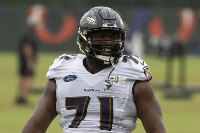 Aug 19, 2020; Owings Mills, Maryland, USA; Baltimore Ravens defensive tackle Justin Ellis (71) stands on the field during the morning session of training camp at Under Armour Performance Center.