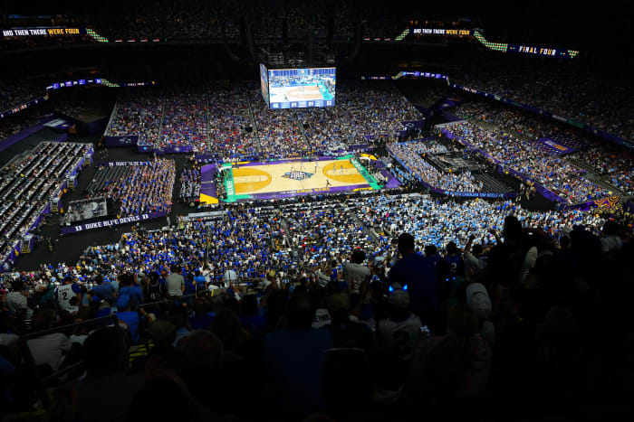 Apr 2, 2022; New Orleans, LA, USA; An overall view of the Caesars Superdome during a game between the Duke Blue Devils and the North Carolina Tar Heels in the 2022 NCAA men's basketball tournament Final Four semifinals. Andrew Wevers-USA TODAY Sports