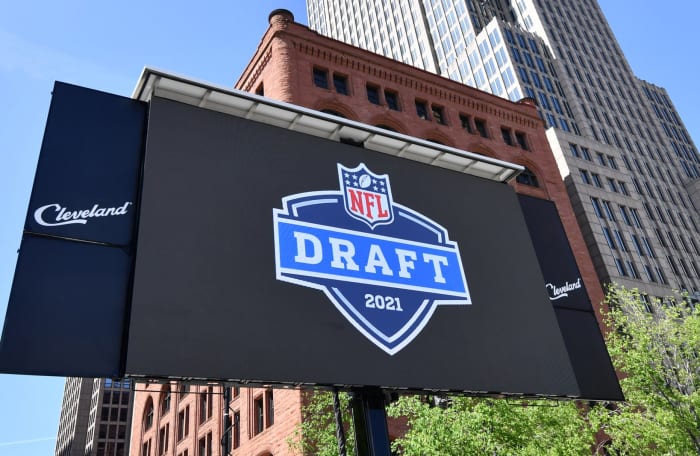 May 23, 2019; Cleveland, OH, USA; Signage for the 2012 NFL Draft during a press conference in Public Square to announce Cleveland as the host of the 2021 NFL draft.