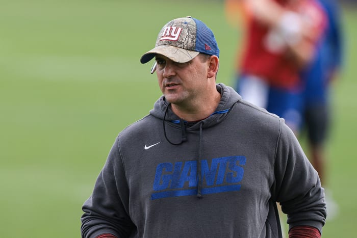 Jul 29, 2021; East Rutherford, NJ, USA; New York Giants head coach Joe Judge looks on during training camp at Quest Diagnostics Training Center.
