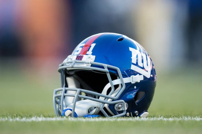 Oct 15, 2017; Denver, CO, USA; A general view of a New York Giants helmet on the turf before the game against the Denver Broncos at Sports Authority Field at Mile High.